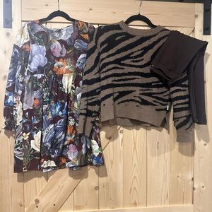 Molo Black and Brown Zebra Sweater, Floral Dress and Brown Stretch Pants